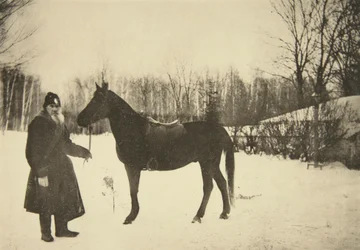 El autor ruso León Tolstói con un caballo, Yasnaya Polyana, cerca de Tula, Rusia, 1905
