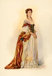Vestido de brocado rojo usado en la Colonia de Barbados c1685, 1903, 1937
