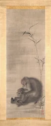 Monkey Grooming Offspring Near Bamboo (tinta y color sobre seda)