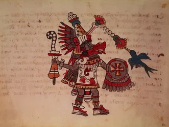 Quetzalcoatl, la serpiente emplumada, dios del viento, del aprendizaje y del sacerdocio, maestro de la vida, creador y civilizador, patrón de todas las artes e inventor de la metalurgia (vitela)