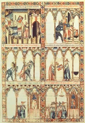 102-0002738 T.I.I. Cantiga 34, ilustración de las "Cantigas de Santa María", realizadas bajo la dirección de Alfonso X ("El Sabio") rey de Castilla y León (1221-84) (vitela) (véase también 68647)