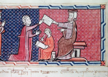 Una mujer prestando juramento ante el Rey Jaime I de Mallorca (detalle del magistrado, la mujer y el escriba)