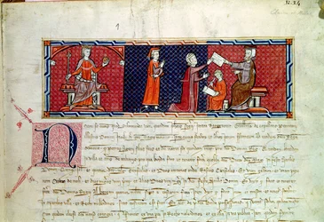 Una mujer prestando juramento ante el rey Jaime I (1207-76) de Mallorca, del Capbreu de Clayra et de Millas, 1292
