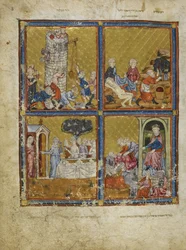 Agregar. 27210, f.3 Escenas del Génesis: Construcción de la Torre de Babel; Noah cortando uvas; Abraham y Sara; Nimrod y Abraham, ilustraciones de 