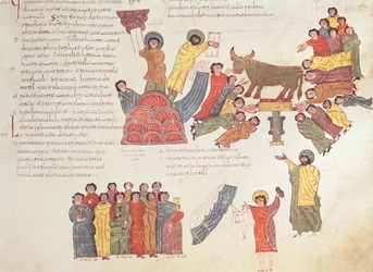 Adoración del becerro de oro, de la Biblia visigoda-mozárabe de San Isidoro, fol.46r., A.D. 960