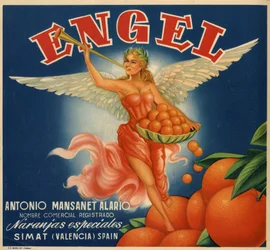 Publicidad de naranjas, imagen de una mujer alada. Cartel publicitario, Valencia