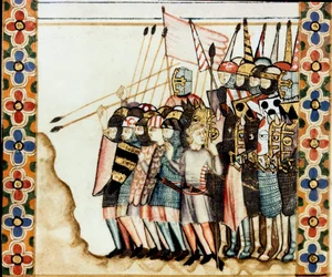Ejército de los cruzados. Detalle de una página tomada de un manuscrito de la Canción de Santa María (Cantigas de Santa María), decorando miniaturas dedicadas a Santa María y sus milagros, una colección de canciones redactadas bajo el reinado de Alfonso X 