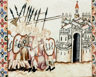 Ejército de los moros defendiendo una ciudad. Detalle de una página tomada de un manuscrito de las Cantigas de Santa María, decorado con miniaturas dedicadas a Santa María y sus milagros, una colección de canciones redactada durante el reinado de Alfonso