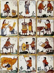 Oficios artesanales: zapatero, tonelero, fabricante de cestas de mimbre, vinicultor, lección de dibujo, músico, ordeño de vacas, afilador, agricultor, ebenista. Azulejos de cerámica catalana (España)