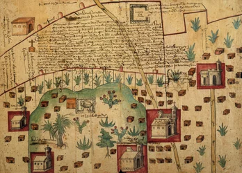 Ayer MS 1801 Mapa 1: Mapa de tierras en las regiones de Tultepec y Jaltocan adyacentes a la Hacienda de Santa Inés, México, publicado en 1569