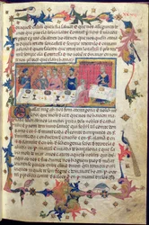 Banquete ofrecido por el padre Martell a Jaime I (1208-76) en Tarragona en 1228 en el que se acordó la conquista de las Islas Baleares, extraído del "Libre dels Feits" (vitela) (véase también 113569)