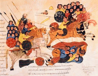 Batalla entre los hebreos y los filisteos, de la Biblia visigoda-mozárabe de San Isidoro, fol.119r., A.D. 960