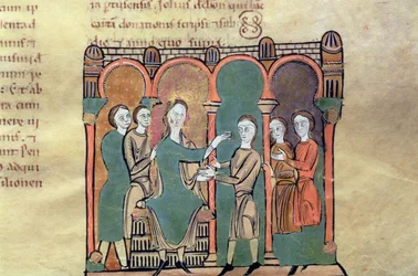 Bendición del Conde Bernat I de Besalu, miniatura del "Liber Feudorum Maior" (vitela)