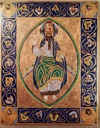 Cristo pantocrátor Placa de metal dorada y esmaltes de la Escuela Española