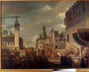 Cristóbal Colón presenta indígenas a Fernando II e Isabel I de Castilla en Barcelona