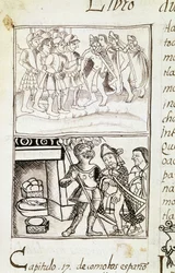 Códice de la conquista de México - miniatura del Manuscrito florentino "Storia degli Aztechi" (Historia de los aztecas) de Bernardino de Sahagún