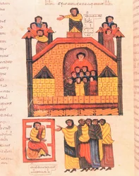 Conquista de Jerusalén por Nabucodonosor y el profeta Jeremías recibiendo a los dignatarios de la ciudad, fol.283v., de la Biblia visigoda-mozárabe de San Isidoro, A.D. 960
