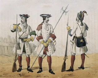 DE SOTTO, Serafin Maria, Conde de Clonard (1793 - 1862). Historia organica de las armas de Infanteria y Caballeria espanolas. 1851 - 1859. Infantería de línea durante el reinado de Felipe V de España. Fusilero, Sargento y Granadero (1707-1718). Litografía.