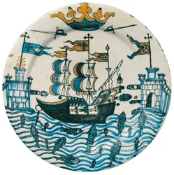 Plato decorado con dibujos de galeón y castillos coronados