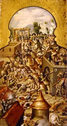 Representación de las atrocidades cometidas durante los combates por la conquista del Templo Mayor y la plaza del Zócalo;