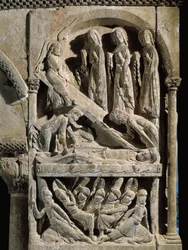 Deposición de Cristo. Escultura hecha por el maestro de Santo Domingo de Silos (siglo XII). Relieve en piedra