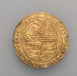 Doble excelente de Fernando II de Aragón (1452-1516) e Isabel de Castilla (1451-1504), Casa de Moneda de Sevilla, 1475