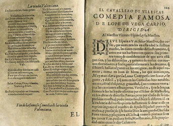 ESPINEL, Vicente (1550-1624). Músico y poeta clásico español; VEGA CARPIO, Félix Lope de (1562-1635). "El cavallero de Yllescas", comedia incluida en "Parte catorze de las comedias de Lope de Vega", recopilación publicada en Madrid por la viuda de Fernán