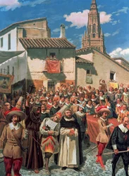 Comitiva que acompaña a dos presos con un sacerdote, juzgados por el Tribunal de la Inquisición