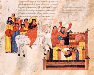 Entrada del rey David en Jerusalén al son de trompetas, de la Biblia visigoda-mozárabe de San Isidoro, fol.135r., A.D. 960