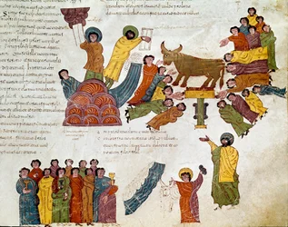 Éxodo: “la adoración del becerro de oro” Moisés y las Tablas de la Ley. Miniatura de una Biblia mozárabe. Siglo X. León. Biblioteca de la Real Colegiata de San Isidoro. España