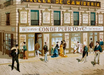 Moda: cartel publicitario para la tienda de telas "Conde Puerto" boutique Barcelona. Siglo XIX