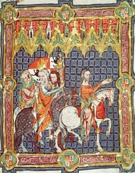 Fol. 10r Alfonso VII (1105-57) y su esposa, Berenguela de Barcelona, conducidos al encuentro del arzobispo, de un manuscrito que representa las coronaciones de los reyes de Aragón y Castilla