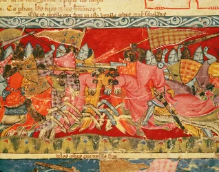Fol.110r Batalla entre griegos y troyanos, del Códice Benito Santa Mora