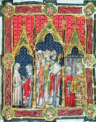 Fol. 13r: Coronación de los reyes de Aragón y Castilla: Alfonso VII (1105-57) ofreciendo pan de oro en presencia del arzobispo de Toledo, del Libro de los Testamentos