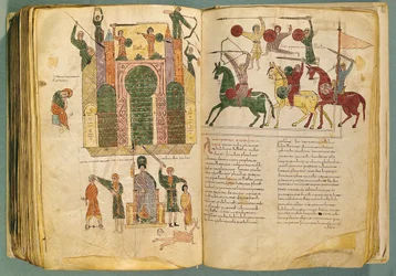 Fol.208 y 209v Ataque y Toma de Jerusalén por Nabucodonosor, copia del original escrito por el monje Beato de Liébana en c.776, del Comentario al Apocalipsis, (siglo X)