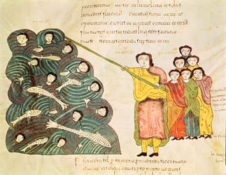 Fol.39v Moisés cerrando el Mar Rojo sobre los egipcios, de la Biblia Mozárabe