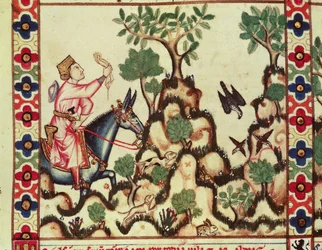 Fol.64r La Caza del Halcón, del manuscrito realizado bajo la dirección de Alfonso X El Sabio, Rey de Castilla y León