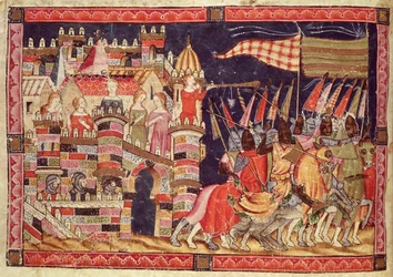 Fol.86v Los troyanos partiendo para la batalla, del Códice Benito Santa Mora