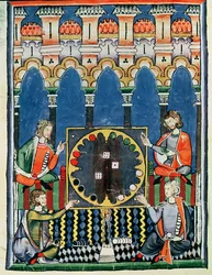 Fol.89v Cuatro jugadores de backgammon árabes, del Libro de juegos, ajedrez, dados y tableros, 1282