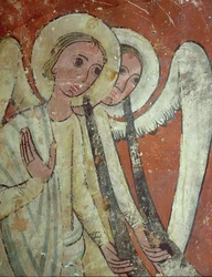 Monumento funerario, ángeles con trompetas del Juicio, detalle (fresco)