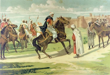 El general Muza Ibn Nusayr azota a su lugarteniente Tarik por desobedecer sus órdenes durante la conquista de Andalucía y Extremadura (litografía en color).