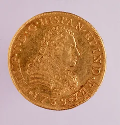 Moneda de oro (8 ecu) de España: reinado de Felipe V (1700-1746) 1739 Diam. 3.6 cm Nápoles, museo arqueológico