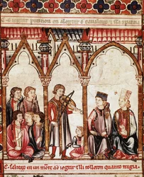 Grupo de trovadores, ilustración de "Cantigas de Santa María", realizada bajo la dirección de Alfonso X ("El Sabio") Rey de Castilla y León (1221-84) - La Corte del Rey y los Músicos. Miniatura de un manuscrito del Cantar de Santa María