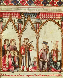 Grupo de trovadores, ilustración de Cantigas de Santa Maria, realizada bajo la dirección de Alfonso X (El Sabio) Rey de Castilla y León (1221-84)