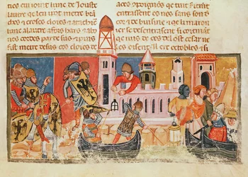 Inicial historiada "B" que representa a dos caballeros en batalla, de "Libre Verd", c.1380 (vitela)