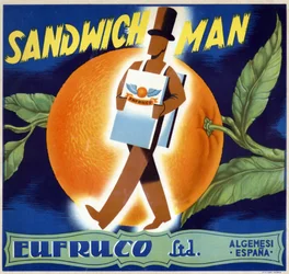 Ilustración de un “hombre-sándwich”. Etiqueta para naranjas “Eufruco”, Valencia, siglo XX