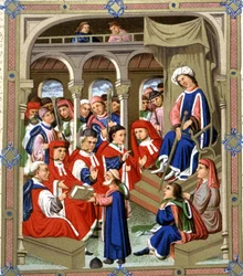 Jaume Marquilles entrega su libro a los consejeros de Barcelona en presencia del rey Alfonso IV el Magnánimo,siglo XV (manuscrito)