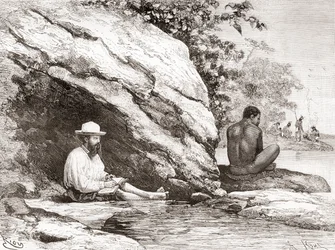 Jules Crevaux, durante su exploración de la Guayana Francesa en 1878, a la sombra de una roca en las orillas del río Oyapock o Oiapoque