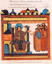 El rey David sentado en su trono y rodeado por su corte, de la Biblia visigoda-mozárabe de san Isidoro, fol. 126r., 960 d. C.