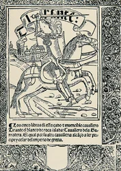 Caballero en su montura, Frontispicio de la obra española Tirant lo Blanc de Joanot Martorell (1413-1468)